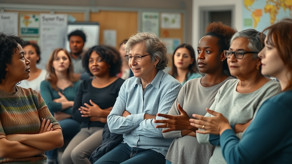 Diverse group discussing mental health for parents raising teens during a community workshop