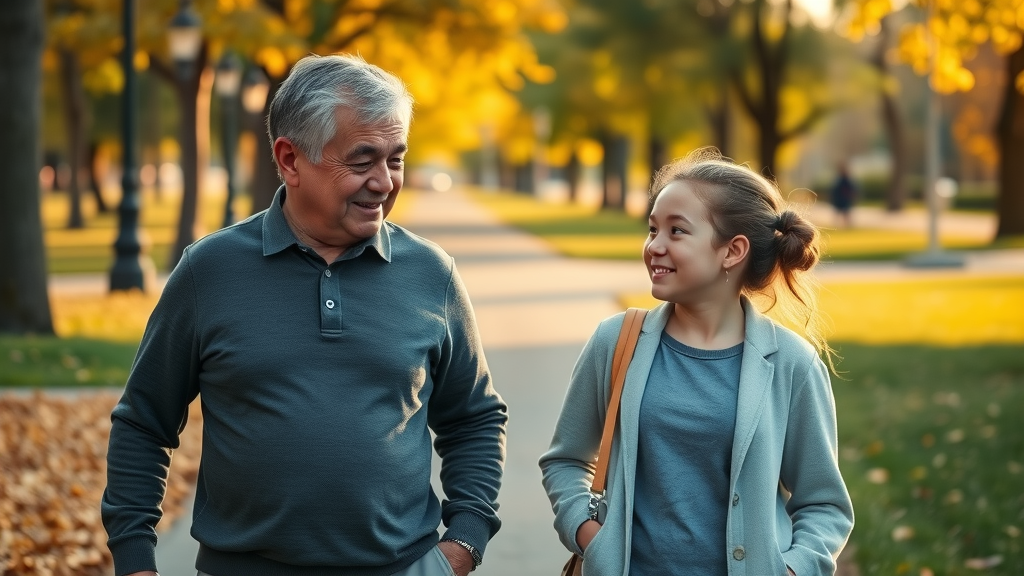 Supportive parent and teen having open communication about mental health for parents raising teens during a park walk