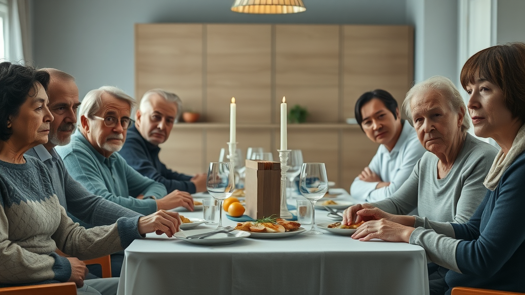 Somber multigenerational family experiencing conflict resolution in families at dinner table, subtle tension, photorealistic.