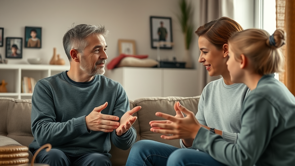 Compassionate couple calmly resolving family conflict with a teenager, effective conflict resolution in families.