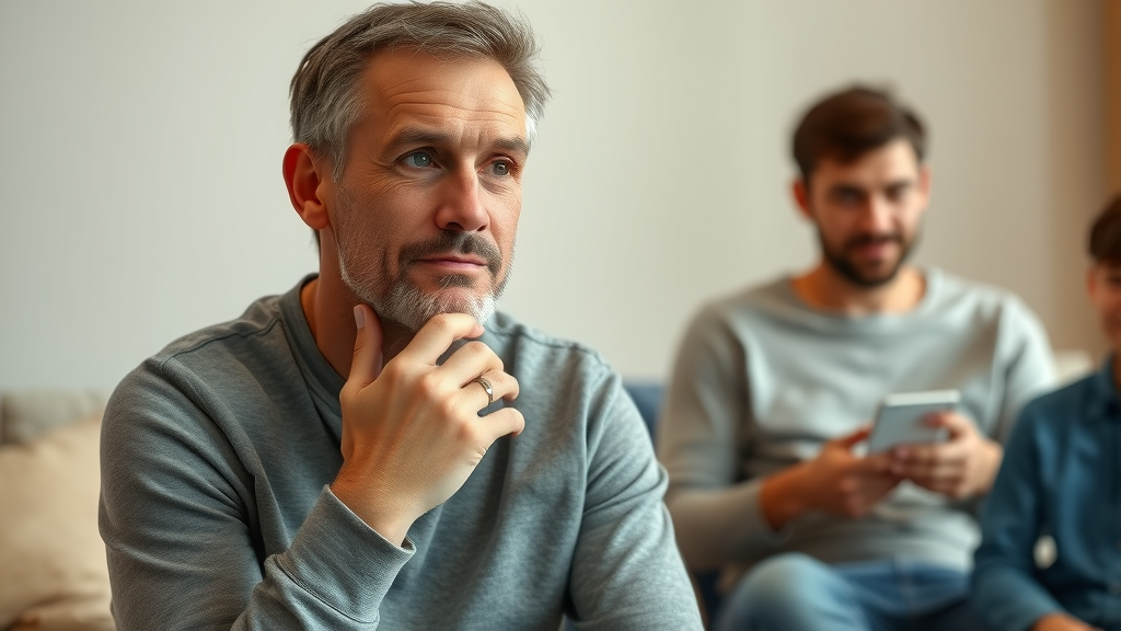 Thoughtful adult practicing self-control and empathy during family conflict, demonstrating emotional intelligence in families.