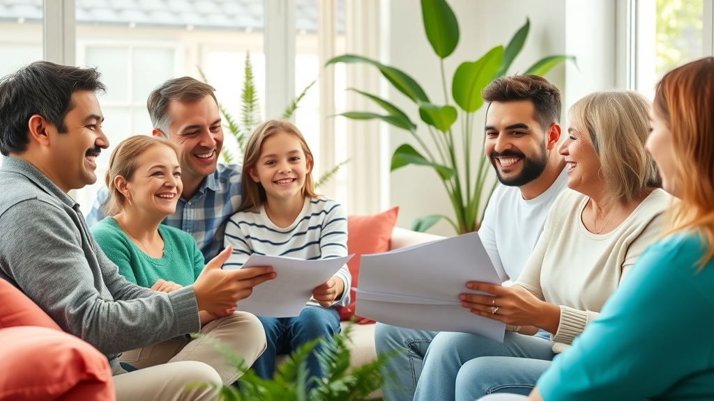 Cheerful family at a group meeting, communicating openly to prevent family conflict and support healthy relationships.