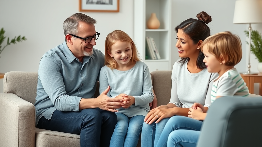 Compassionate family counselor supporting conflict resolution in families, promoting trust and open communication.