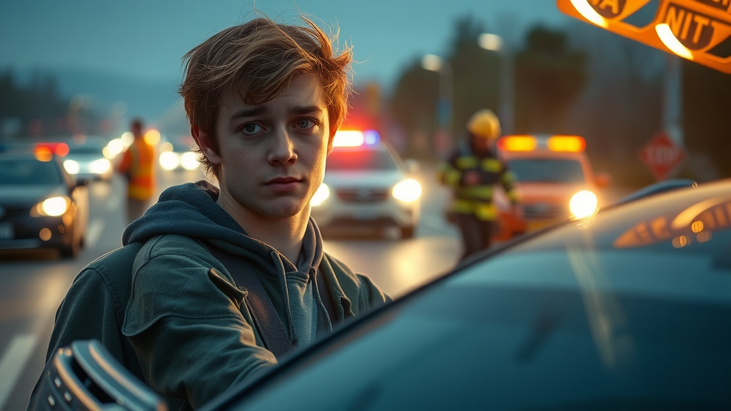 Crash risk scene with teen driver, emergency responders, and damaged vehicles, highlighting risky driving behaviors teens
