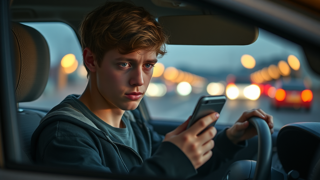 Teen driver showing distracted driving behavior, glancing at phone during evening traffic, representing risky driving behaviors teens