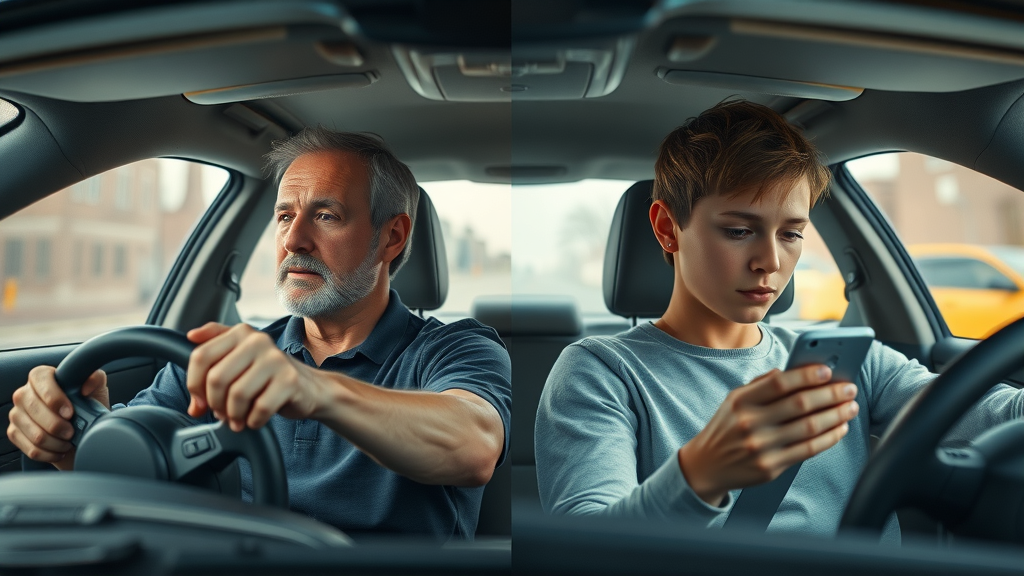 Juxtaposition showing responsible adult driver and distracted teen, highlighting differences in risky driving behaviors teens