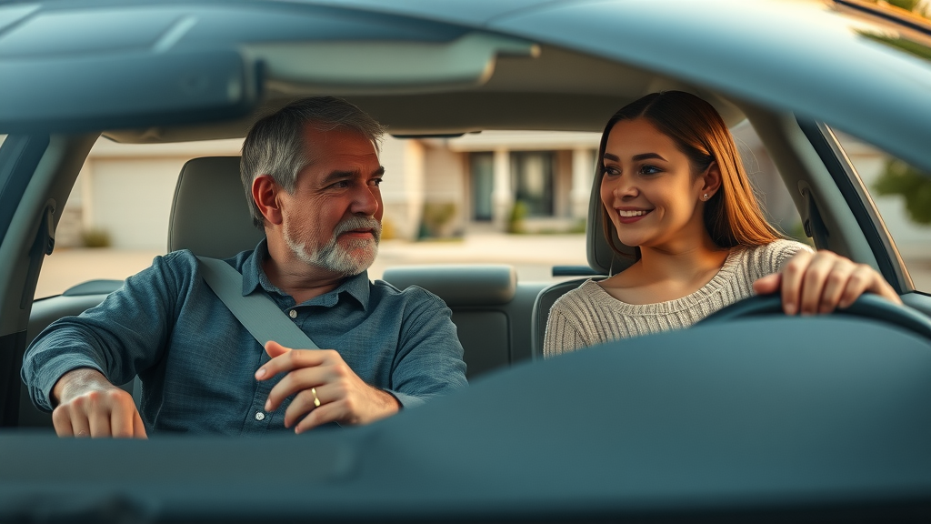 Supportive parent and teen discussing safe driving in parked car, emphasizing communication about risky driving behaviors teens