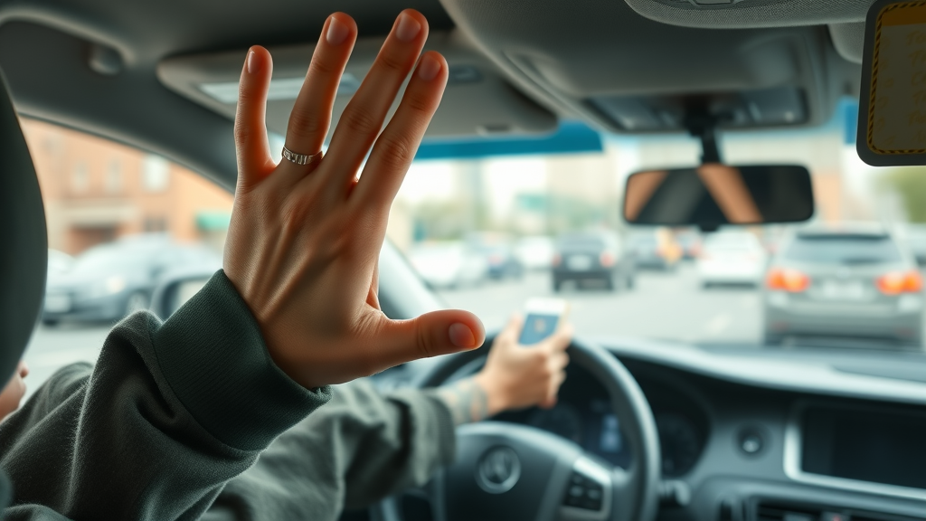 Teen driver distracted by reaching for a phone, highlighting distracted driving behavior among teens
