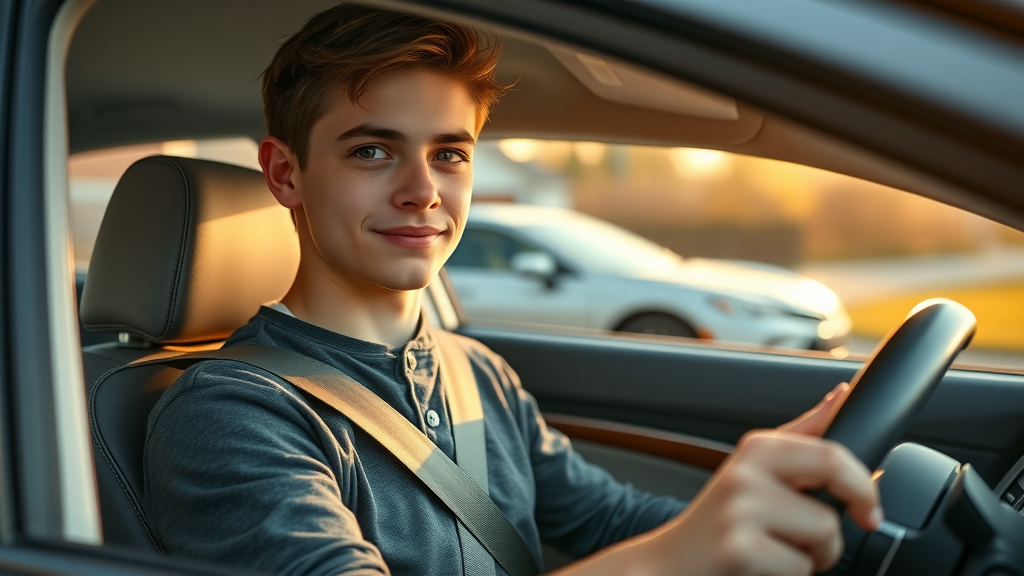 Attentive teen practicing safe driving behavior by wearing a seat belt, representing reduced crash risk