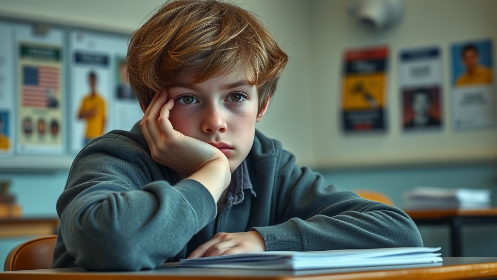 concerned teenage boy sitting at a desk thoughtful healthy outlets for troubled teens classroom books posters