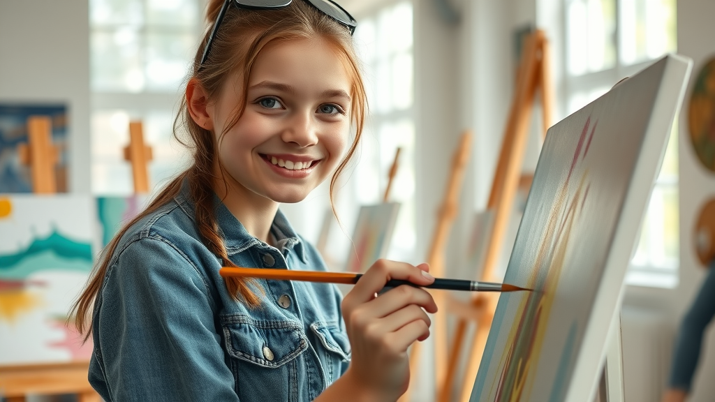 smiling teenage girl painting canvas healthy outlets for troubled teens colorful art studio sunlight