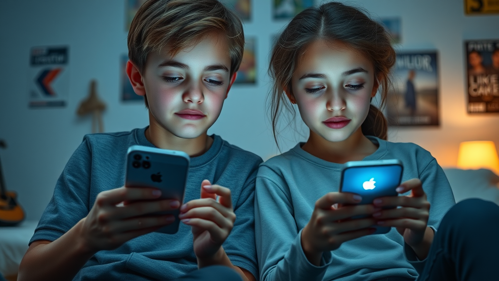 teenage boy and girl looking at smartphones healthy outlets for troubled teens soft lighting bedroom