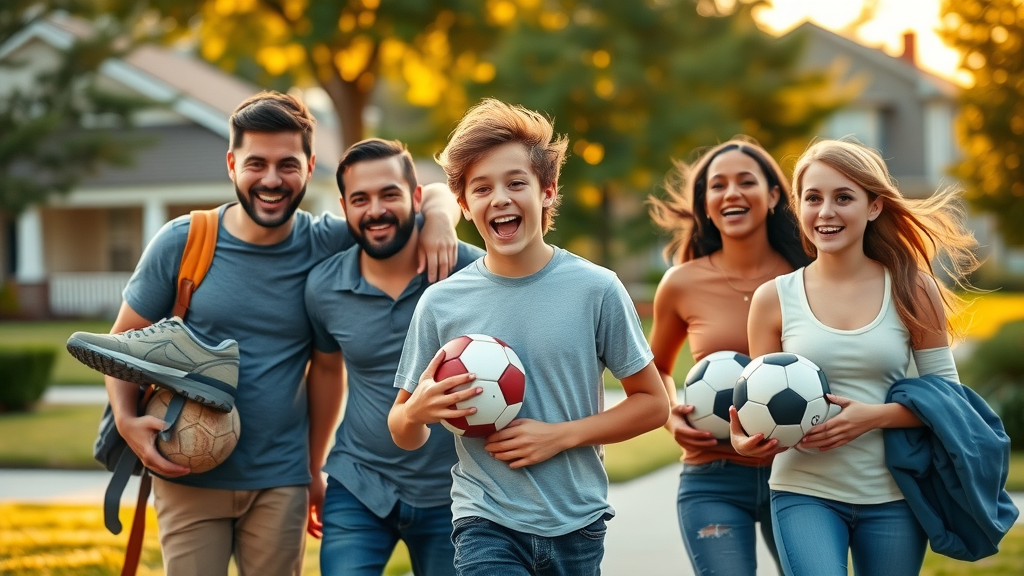 smiling multicultural family teenage boy holding sports gear healthy outlets for troubled teens suburban neighborhood