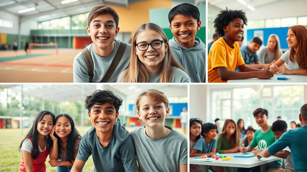 collage of community center sports field art classroom teen support group happy healthy outlets for troubled teens