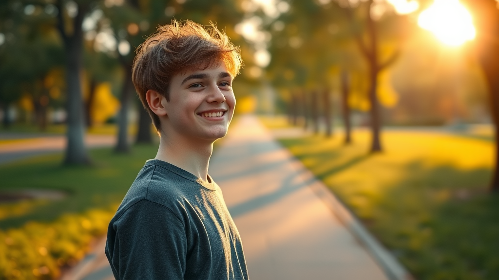 hopeful teenage boy sunrise-lit path healthy outlets for troubled teens park golden light gentle breeze