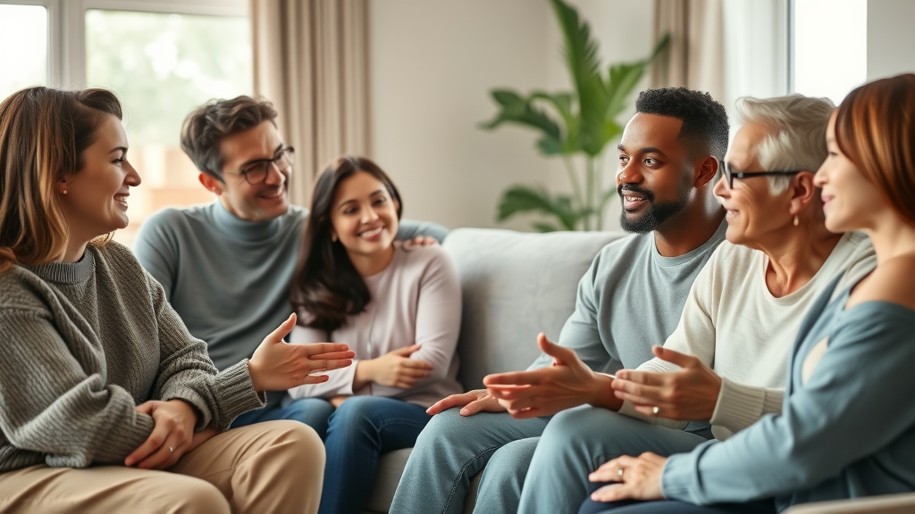 Warm, diverse family having a group conversation in a modern home, illustrating authoritarian parenting vs authoritative parenting parenting style