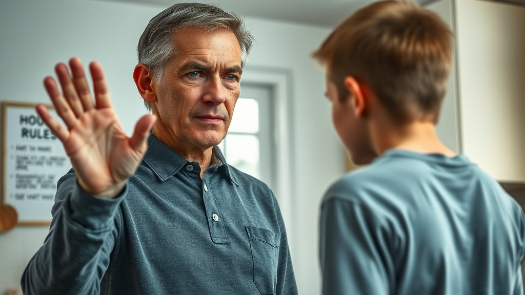 Serious authoritarian parent with rigid posture setting strict rules for teen, kitchen setting, emphasizing strict rules and expectations