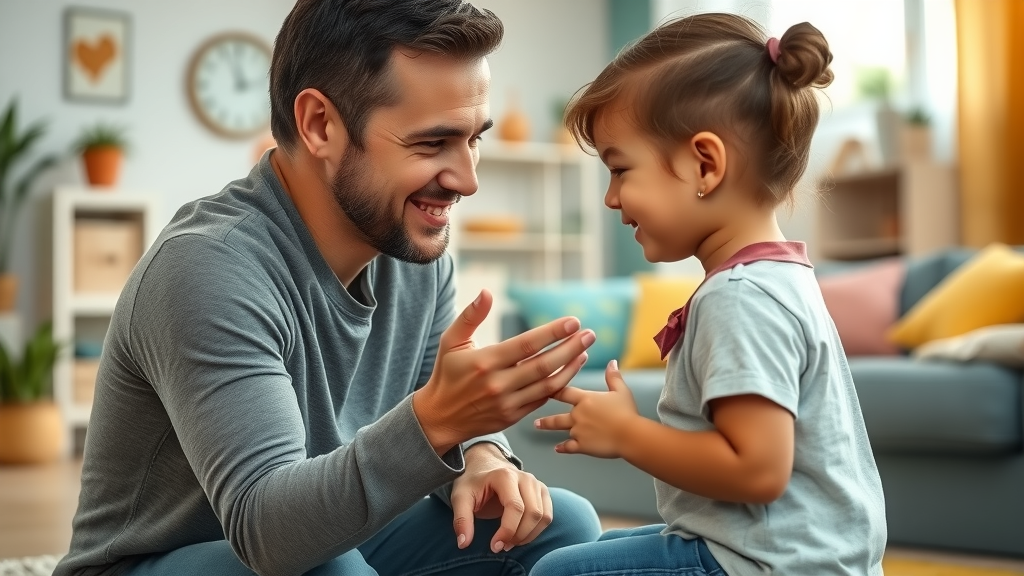 Supportive authoritative parent kneeling to speak eye-level with child, warm and nurturing body language, demonstrating respectful communication in authoritative parenting style