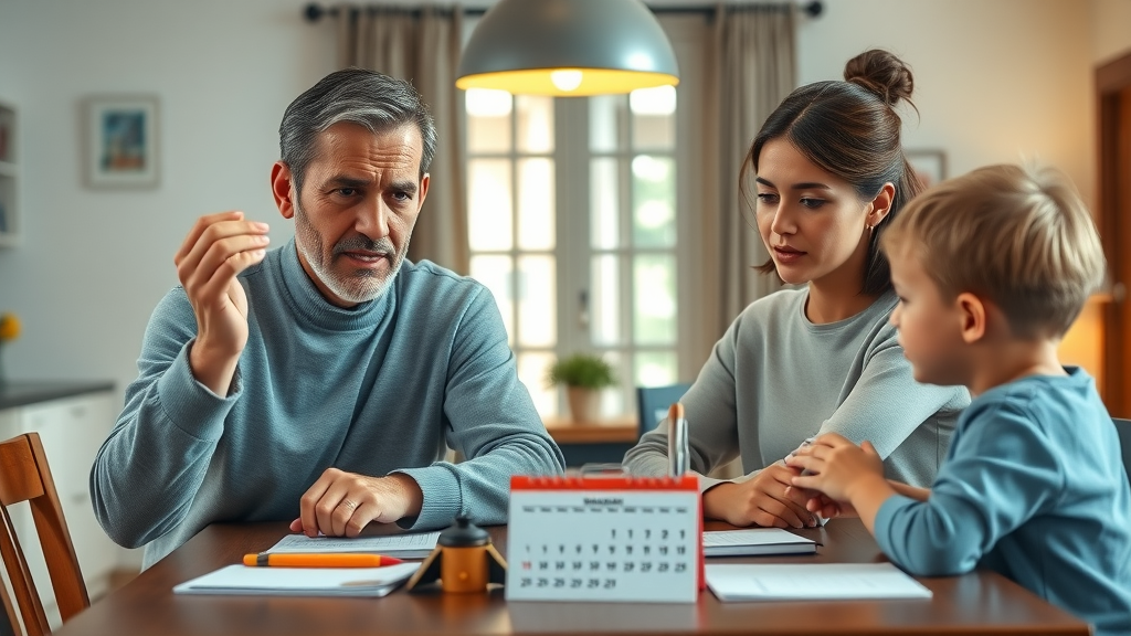 Side-by-side visualization of disciplinary approaches: authoritarian parent enforcing rules with sternness, authoritative parent listening to child with empathy, in a family dining room setting.