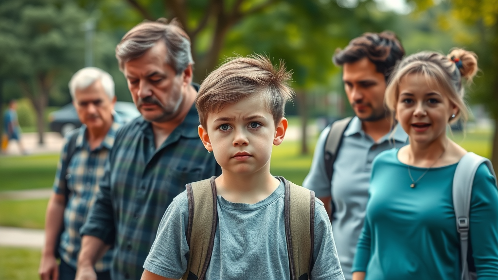 Teen showing uncertainty and confidence with two parents: one authoritarian and stern, one authoritative and encouraging; park setting, emotional cues clear, highlighting effects of parenting styles on emotional intelligence.