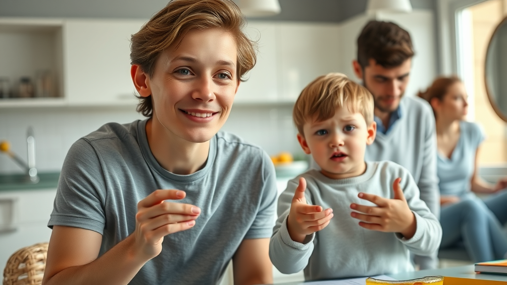 Carefree permissive parent letting child make decisions, with more structured parents in background. Contrasting moods and postures highlight differences in parenting styles.