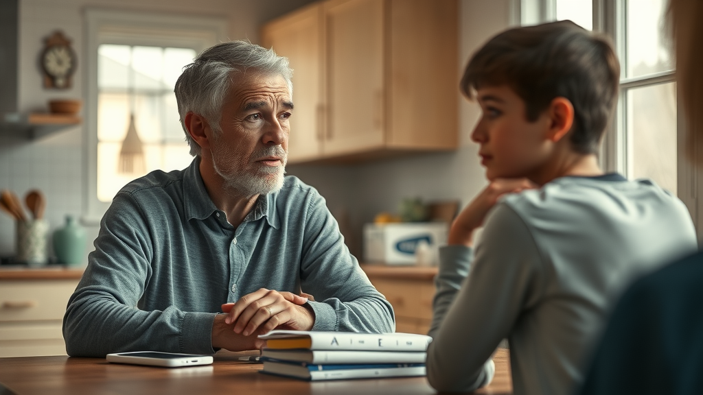 Concerned parent observing distant teen at home kitchen, highlighting teen social isolation: professional support for parents