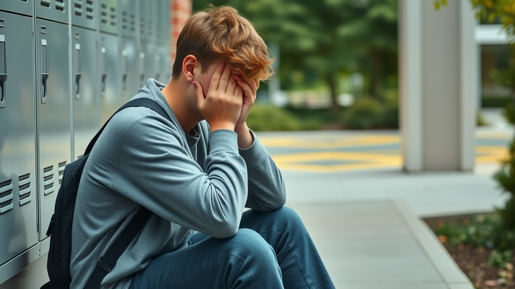 Teenager coping with anxiety on school steps, related to teen social isolation: professional support for parents