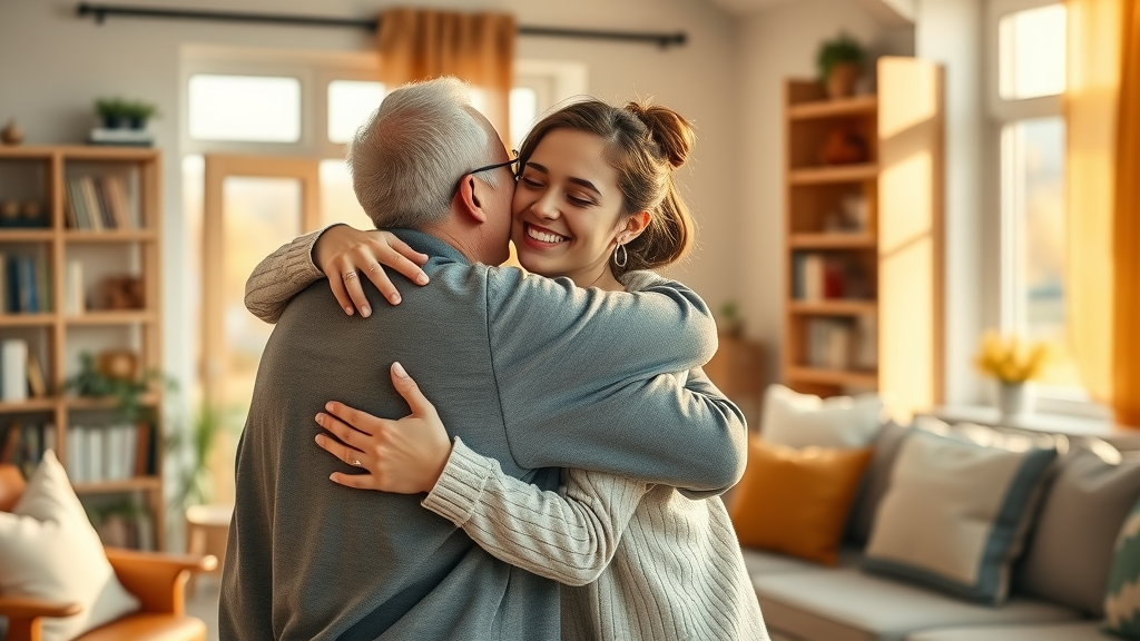 Reunited family embracing after overcoming teen social isolation with professional support