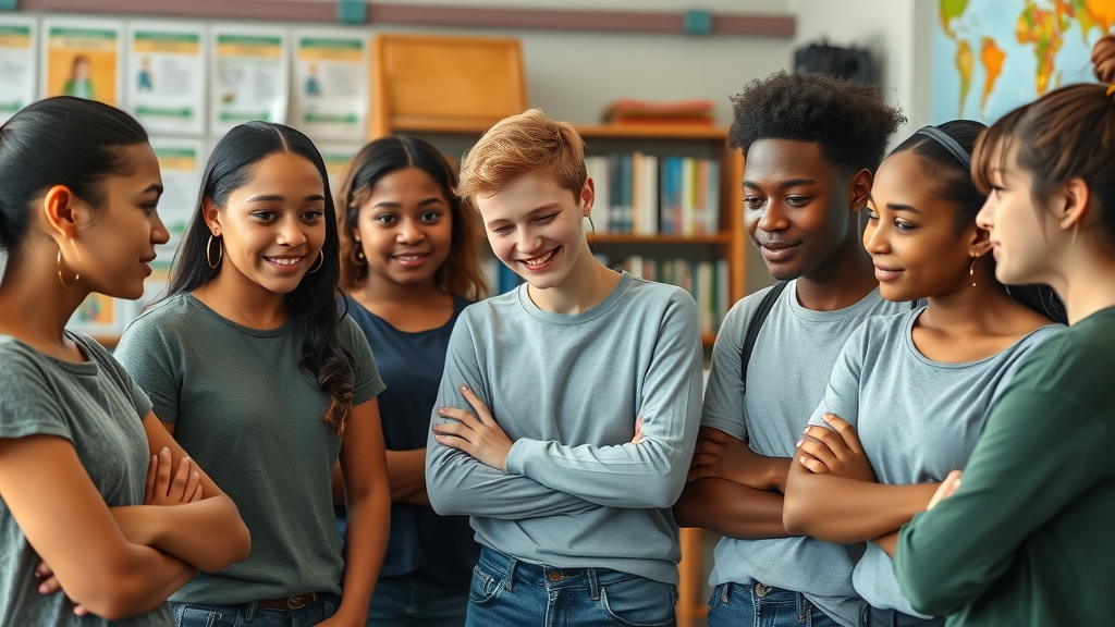 building trust with teenagers - diverse teenagers with a youth leader engaging in supportive discussion in a school library, authentic connection