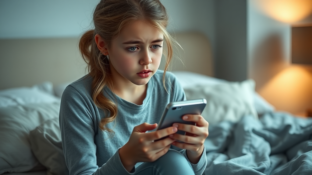 concerned teenage girl engaging with social media risky behaviors teens on her smartphone, looking worried in softly lit bedroom with notifications visible