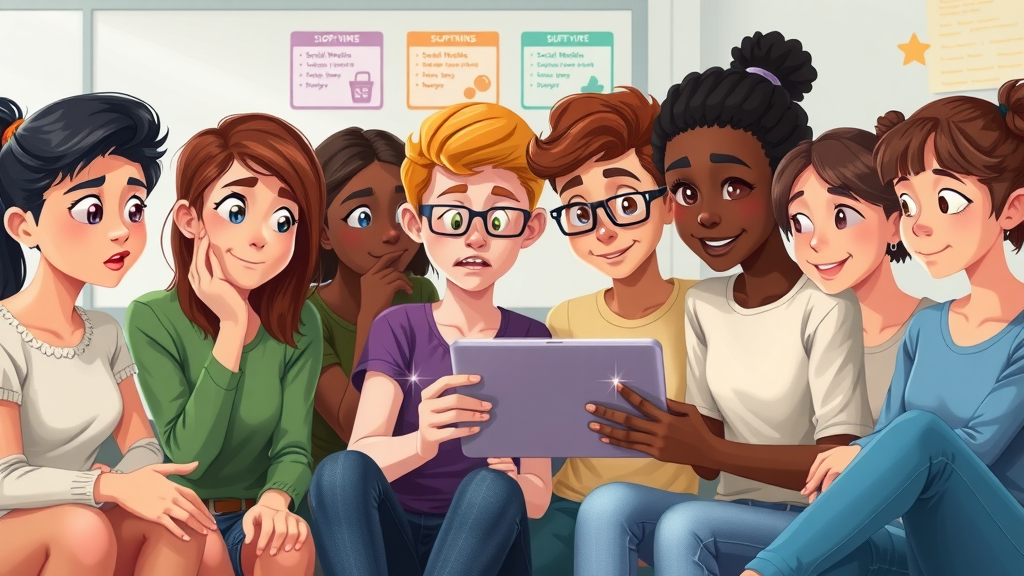 diverse teenagers learning about social media risky behaviors in a classroom, focused on tablet, with social media safety posters in background