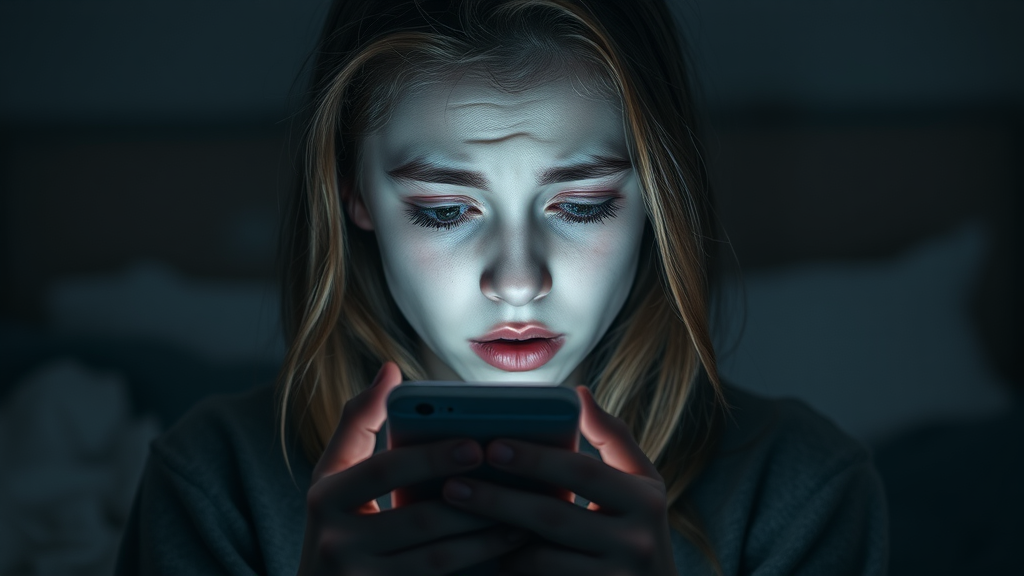 worried teenage girl experiencing social media risky behaviors, distressed by an incoming private message, glow of phone in dark room