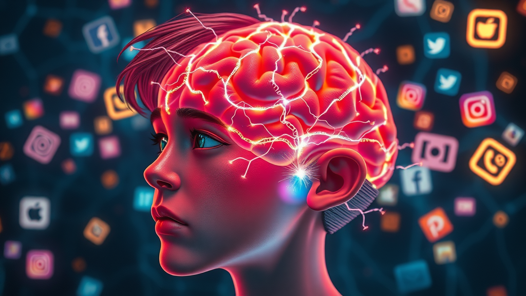 3D illustration showing how a teenage brain reacts to social media risky behaviors, neural pathways glowing, surrounded by app icons