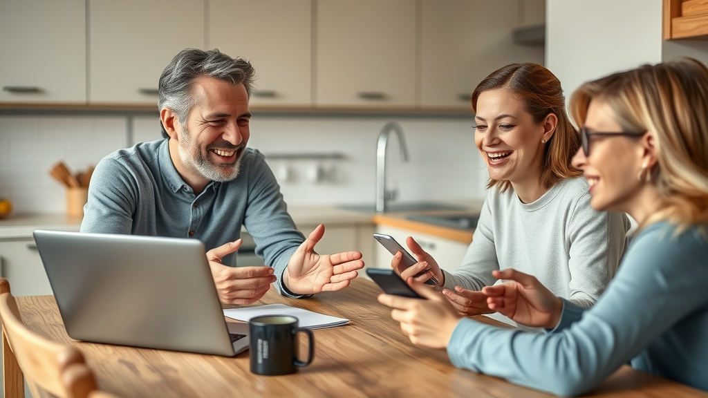 parents and teen discussing social media risky behaviors, positive family conversation at kitchen table
