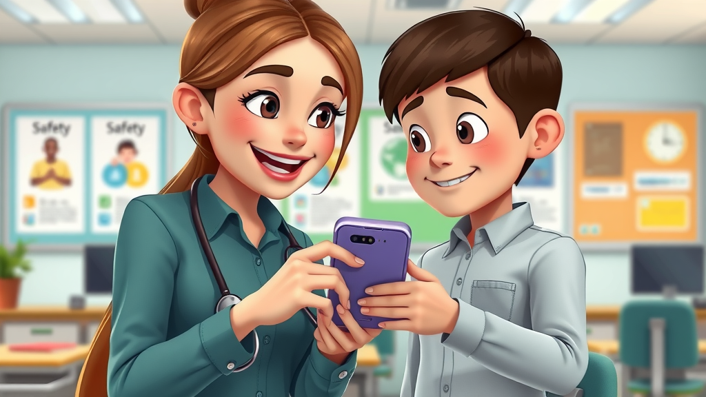 caring teacher helping student with social media safety questions, positive classroom environment