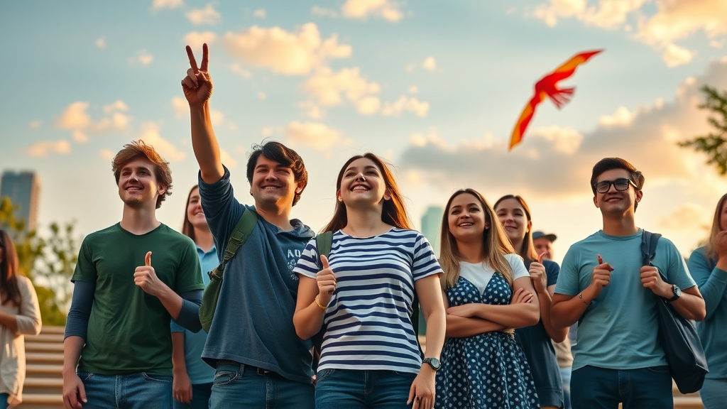 teens and adults united for social media safety, bold city park setting with digital graphics and banners