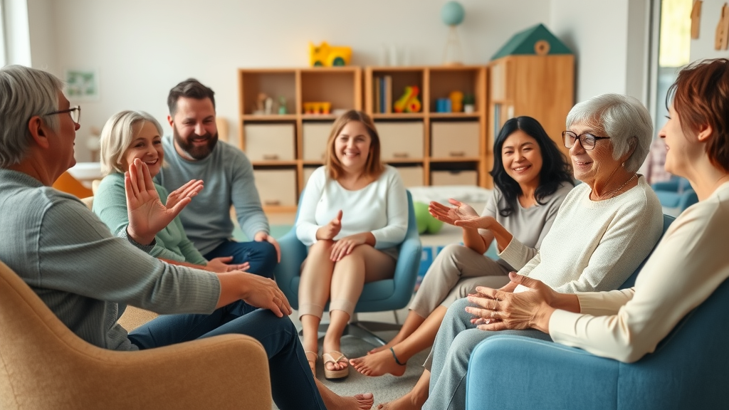 Parenting support groups: diverse parents in a supportive, bright community circle