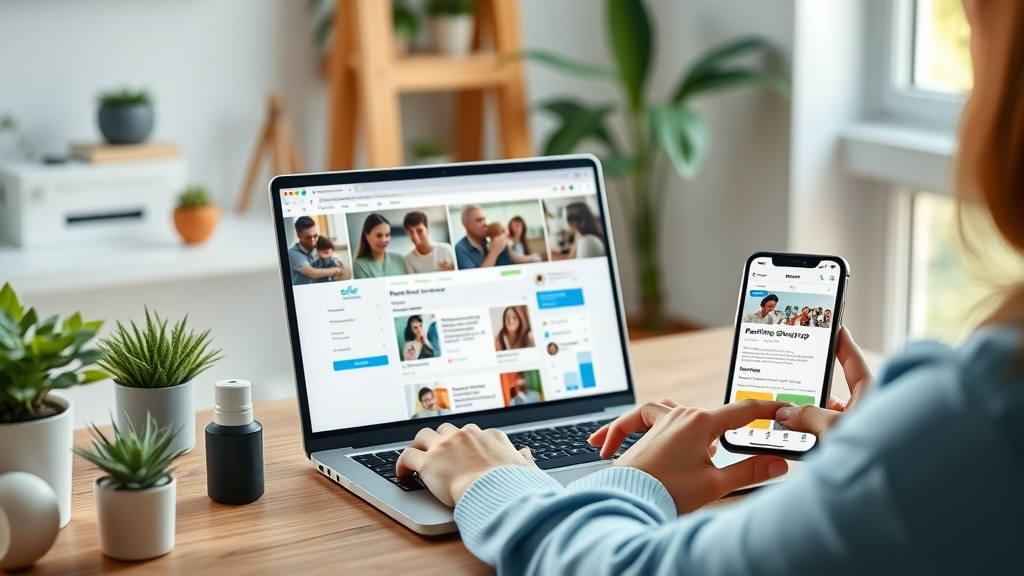 Parent exploring online parent support group and forum resources