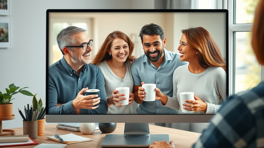 Online parent support group video chat: supportive, cheerful virtual meeting