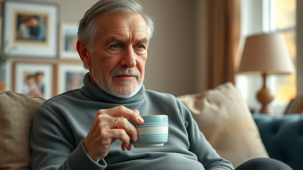 Photo of introspective middle-aged parent in cozy living room, reflecting on how parents can recharge raising teens