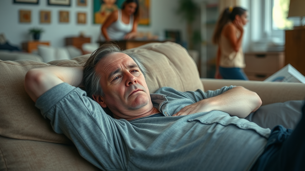 Exhausted parent lying on couch with teenager walking by, showing signs of parental burnout