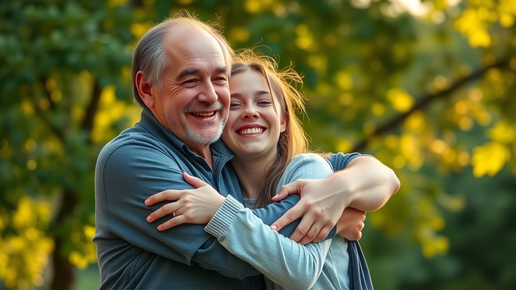 Relieved parent bonding with teenager outside, illustrating positive outcomes of recharging