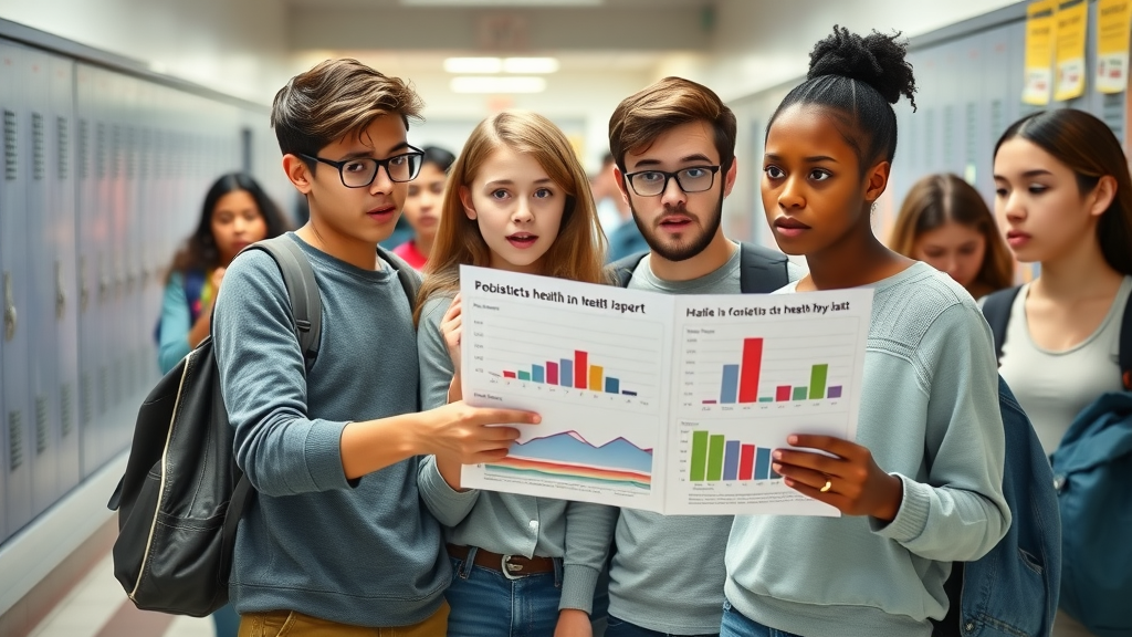 Teen substance use statistics infographic showing diverse teenagers in a school hallway discussing health report data - long term effects of teen substance use