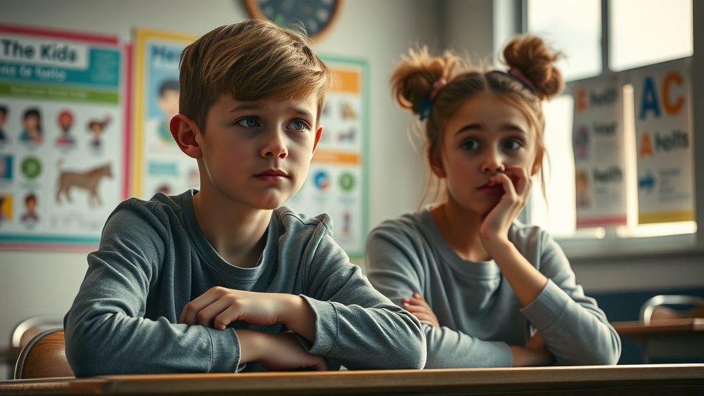 Thoughtful adolescent boy and girl seated at classroom desk reflecting on the long term effects of teen substance use