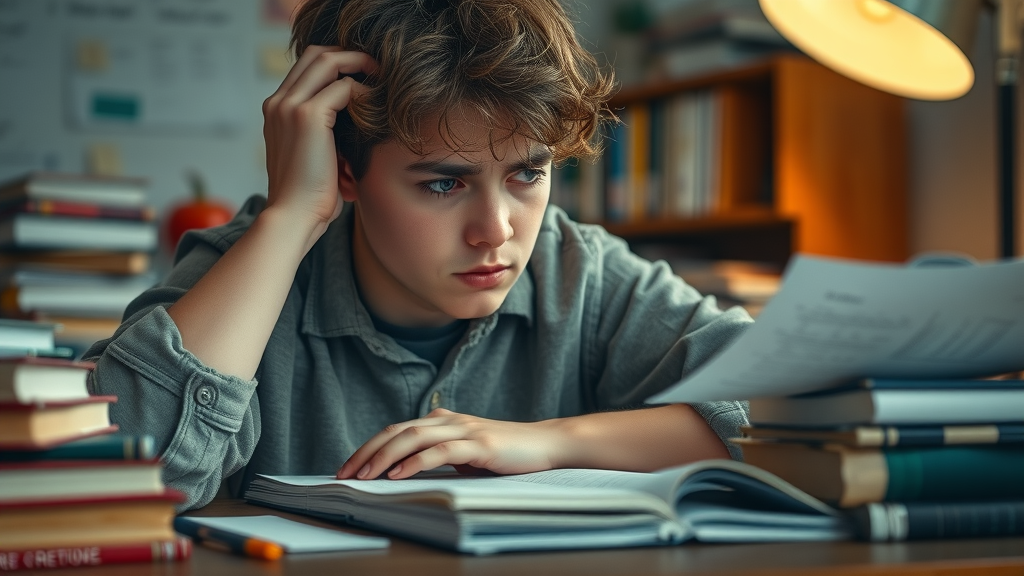 Distracted teenager struggling to focus on homework, concerned about academic consequences of adolescent drug use