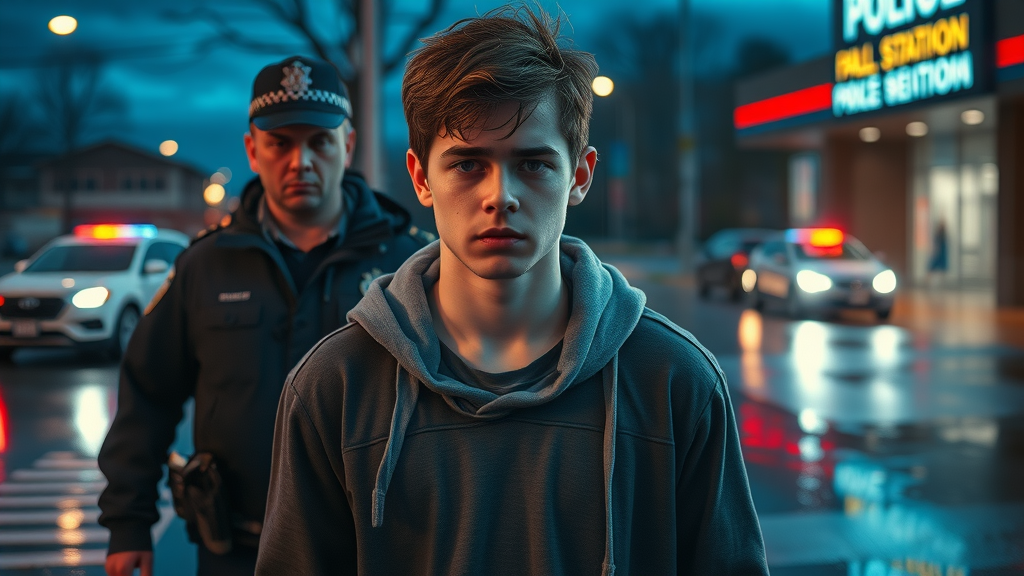 Somber teenage male handcuffed and escorted by police, illustrating legal consequences of long term effects of teen substance use