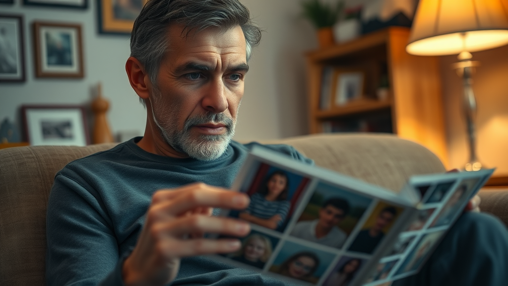 Adult reflecting on troubled teen years, reviewing mementos and considering long term consequences of adolescent drug use