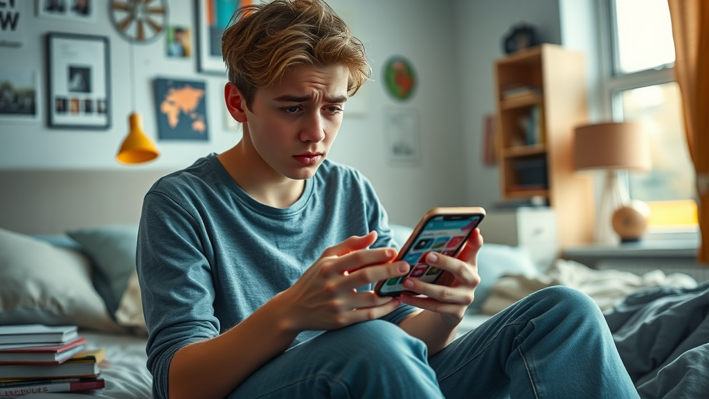 frustrated teenager experiencing social media conflict in bedroom, showing common sources of conflict with teens
