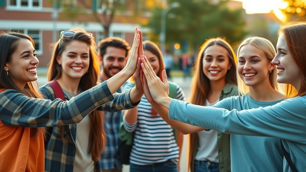 confident group of teenagers smiling and high fiving after positive conflict resolution, showing successful resolution skills among peers