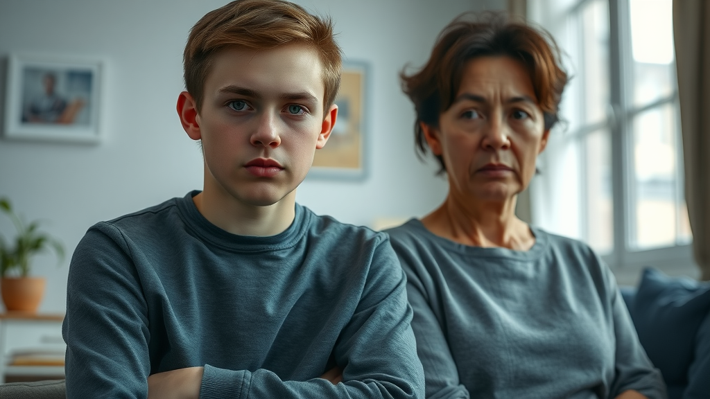 Somber family portrait highlighting authoritarian parenting and teenager child behavior and development